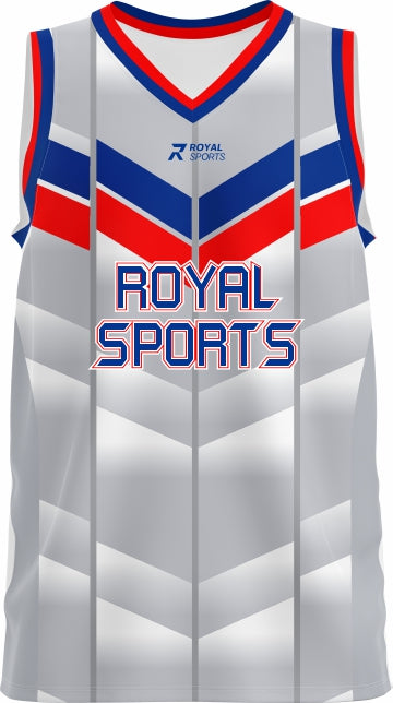 Striker Elite silver custom basketball jersey with red and blue chevrons BB015